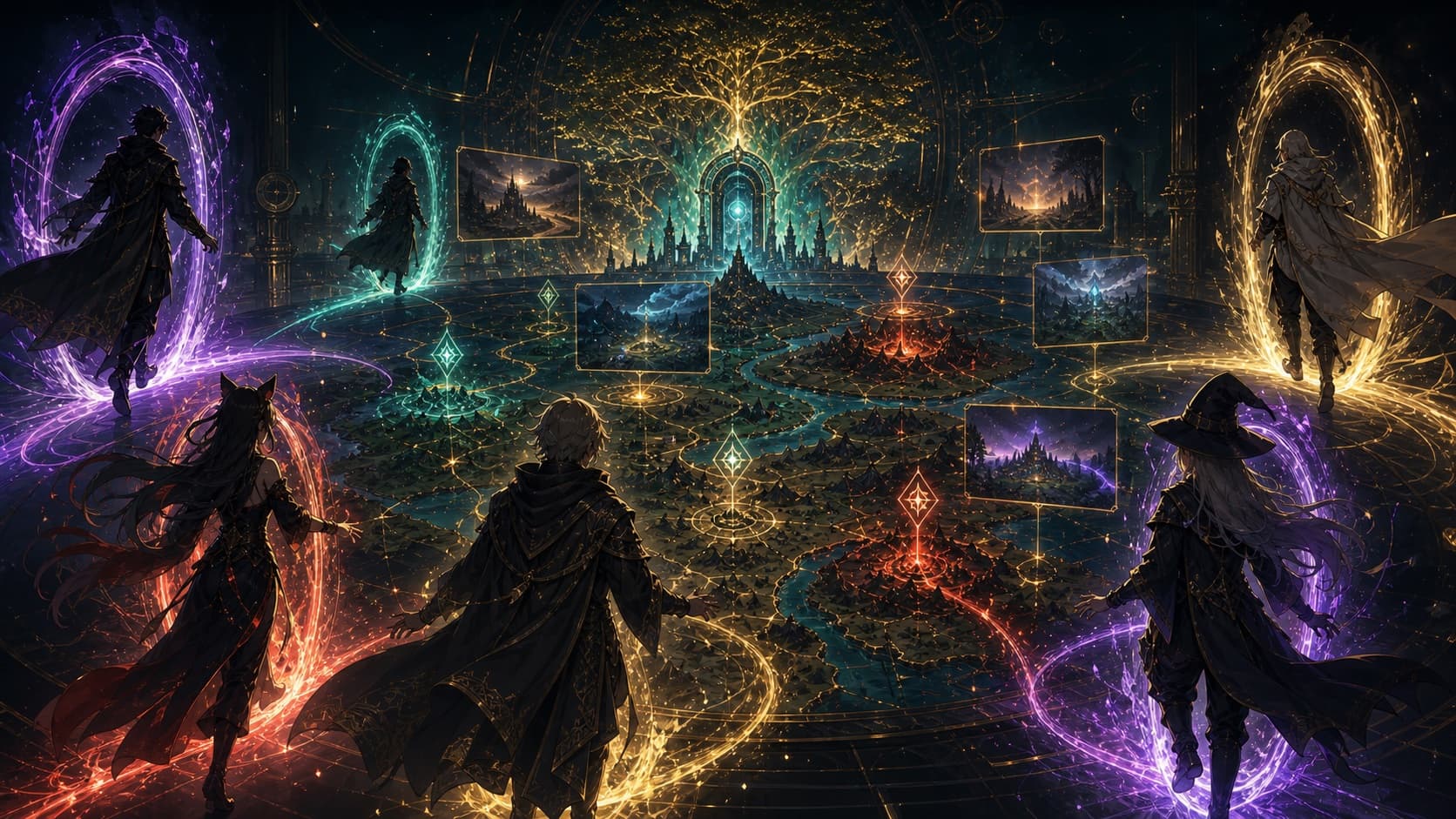 Multiple players entering one shared story world through portals